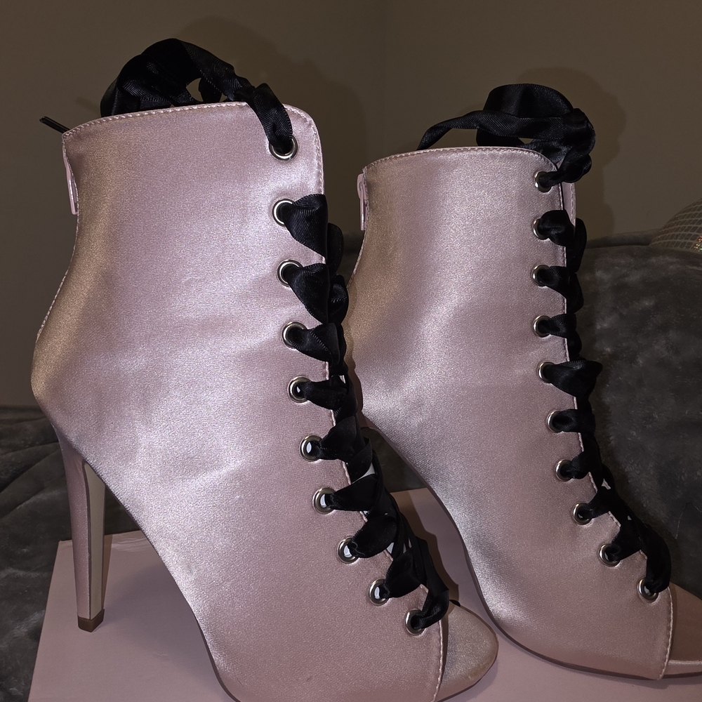 JustFab Satin Pink Lace-Up Ankle Booties